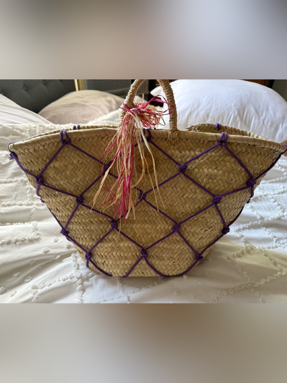 Woven Straw Tote Bag with Purple Accent - Unbranded
